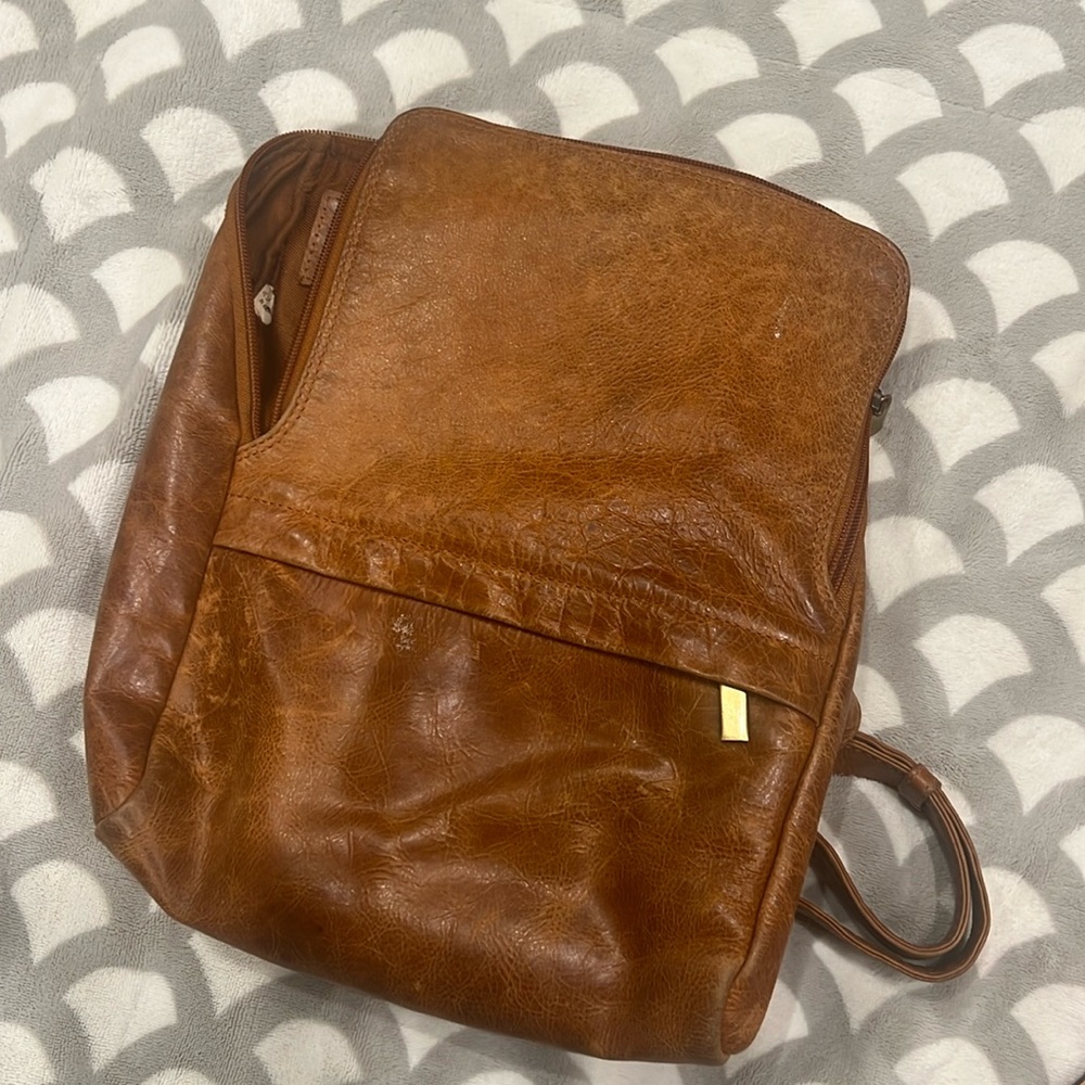 Brown leather backpack bag.